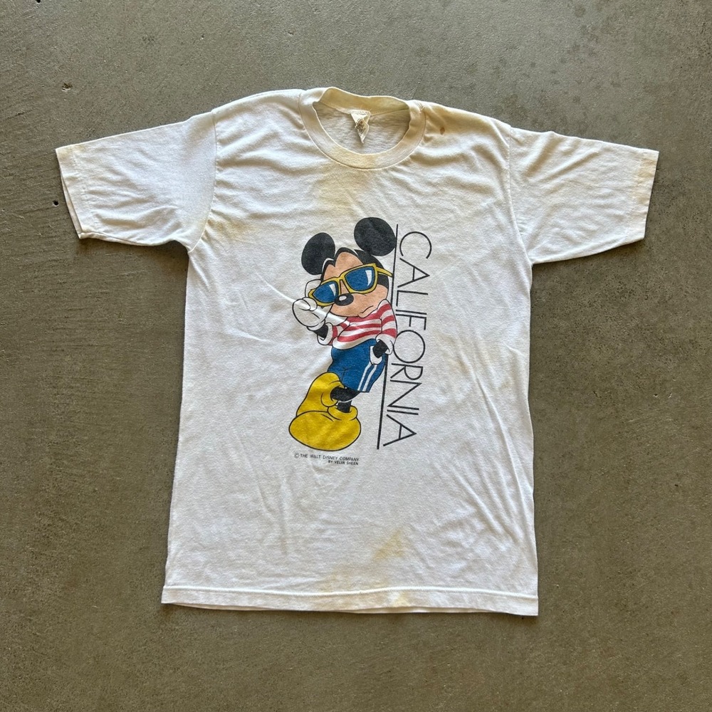 Vintage 80s Mickey Mouse California Shirt Size Medium White Velva Sheen Stained